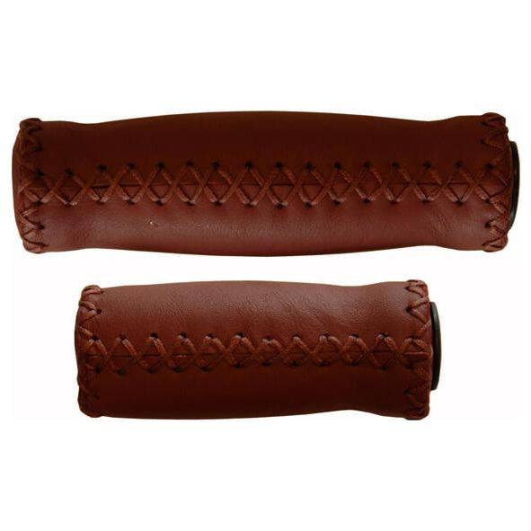 Donkerbruine leren handvatten voor fiets, 92/127 mm, van Velo, met een comfortabele grip en stijlvolle afwerking.