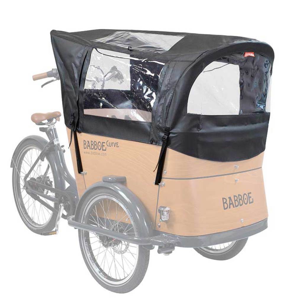 Babboe bakfietshoes met regenmantelset en tentstokken voor bescherming bij regenachtige ritten.