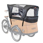 Babboe bakfietshoes met regenmantelset en tentstokken voor bescherming bij regenachtige ritten.