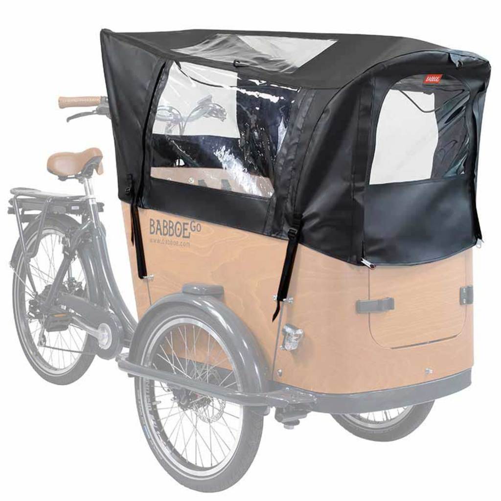 Babboe bakfietsstelenset met zwarte PVC regenhoes voor de Babboe Regentent Go, beschermt tegen rain en wind.