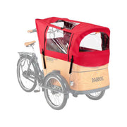 Babboe bakfietsshoes met regenbestendige tent en tentstokken voor bescherming tijdens regenachtig weer.