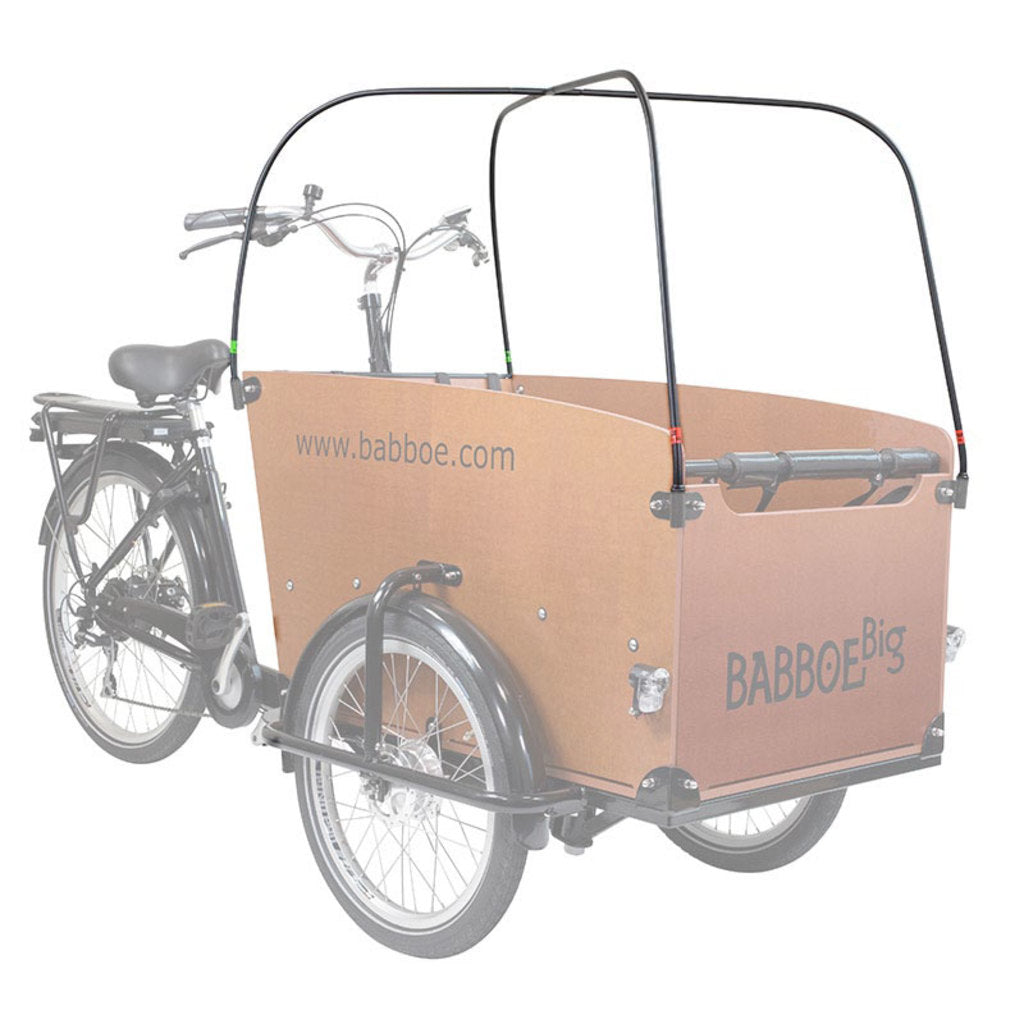 Babboe Big stokkenset met regen- en zonnedak, zwart, voor kinderbakfiets, zichtbaar op de afbeelding