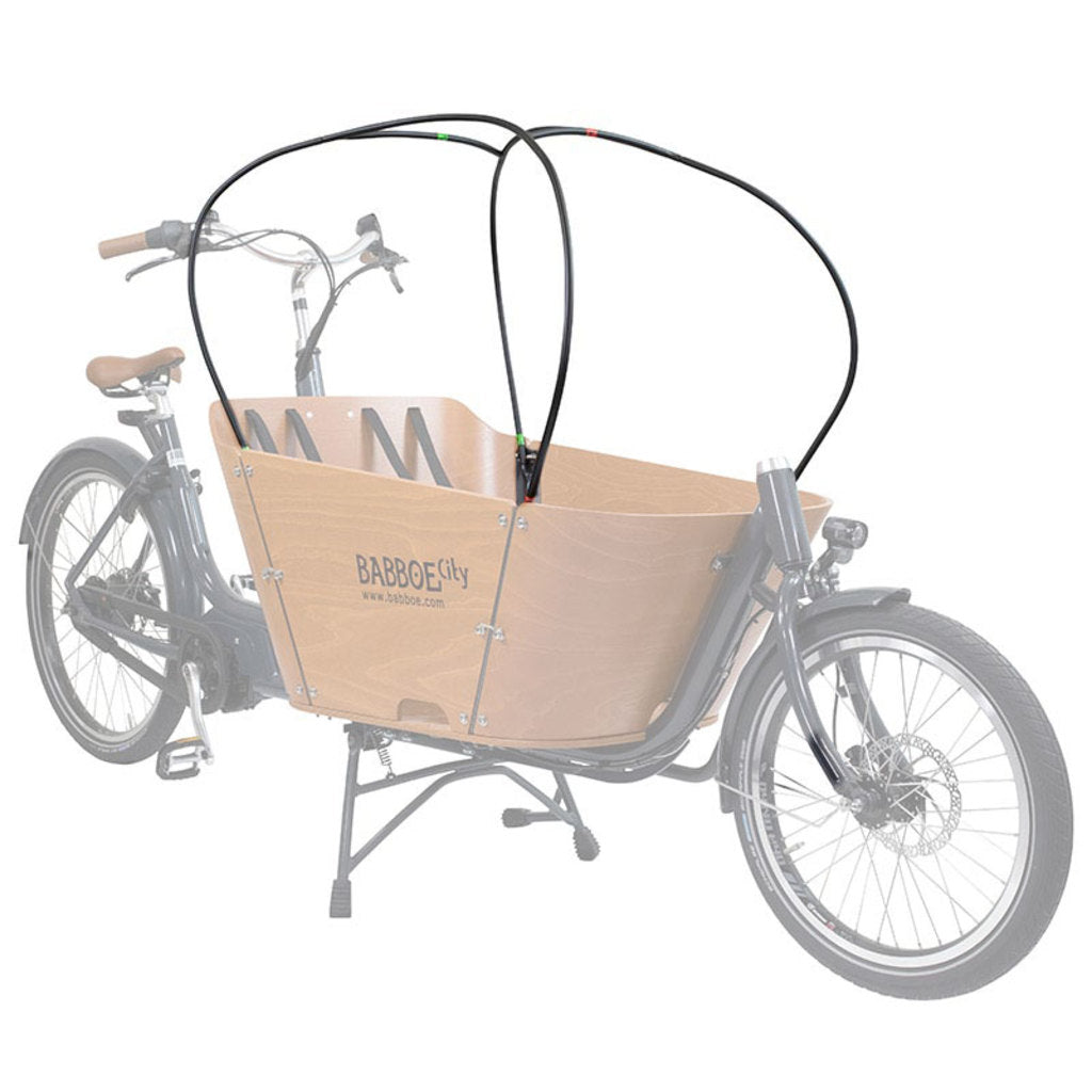 Babboe City stokkenset met regentent en zonnedak in antracietkleur, geschikt voor bakfiets en kinderwagen.