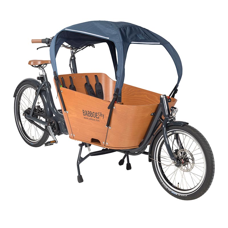 Babboe City bakfietshoes zonder frame in blauw, geschikt voor kinderen, zichtbaar op de afbeelding.