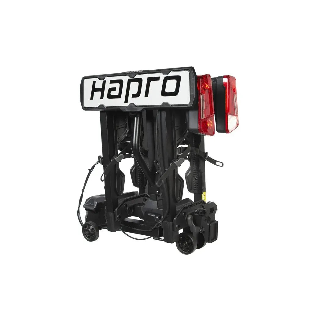 Hapro Atlas Xfold I fietsendrager voor trekhaak, zwart, kantelbaar, 13-polig, geschikt voor fietsen.