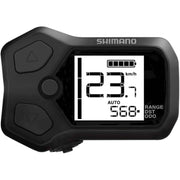 Shimano fietscomputer SC-E5000A Steps E5000 serie met bekrachtigingsschakelaar en display op een fiets.