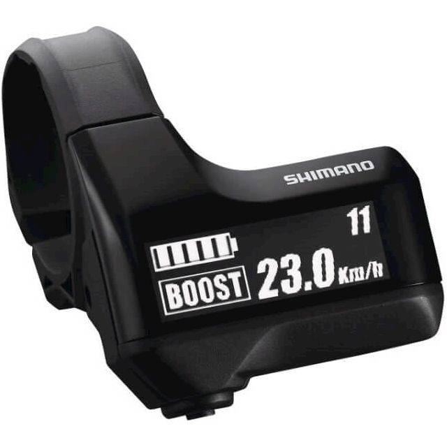 Shimano Steps SC-E7000 fietscomputer met houder, zwart, display met bedieningsknoppen en bevestigingsmechanisme.