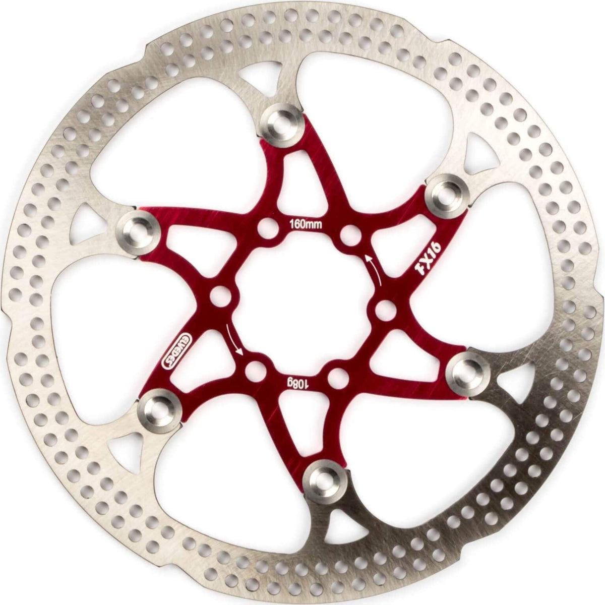 Elvedes remschijf van 160 mm in rood, zichtbaar op de afbeelding. Geschikt voor fietsremmen en remonderdelen.