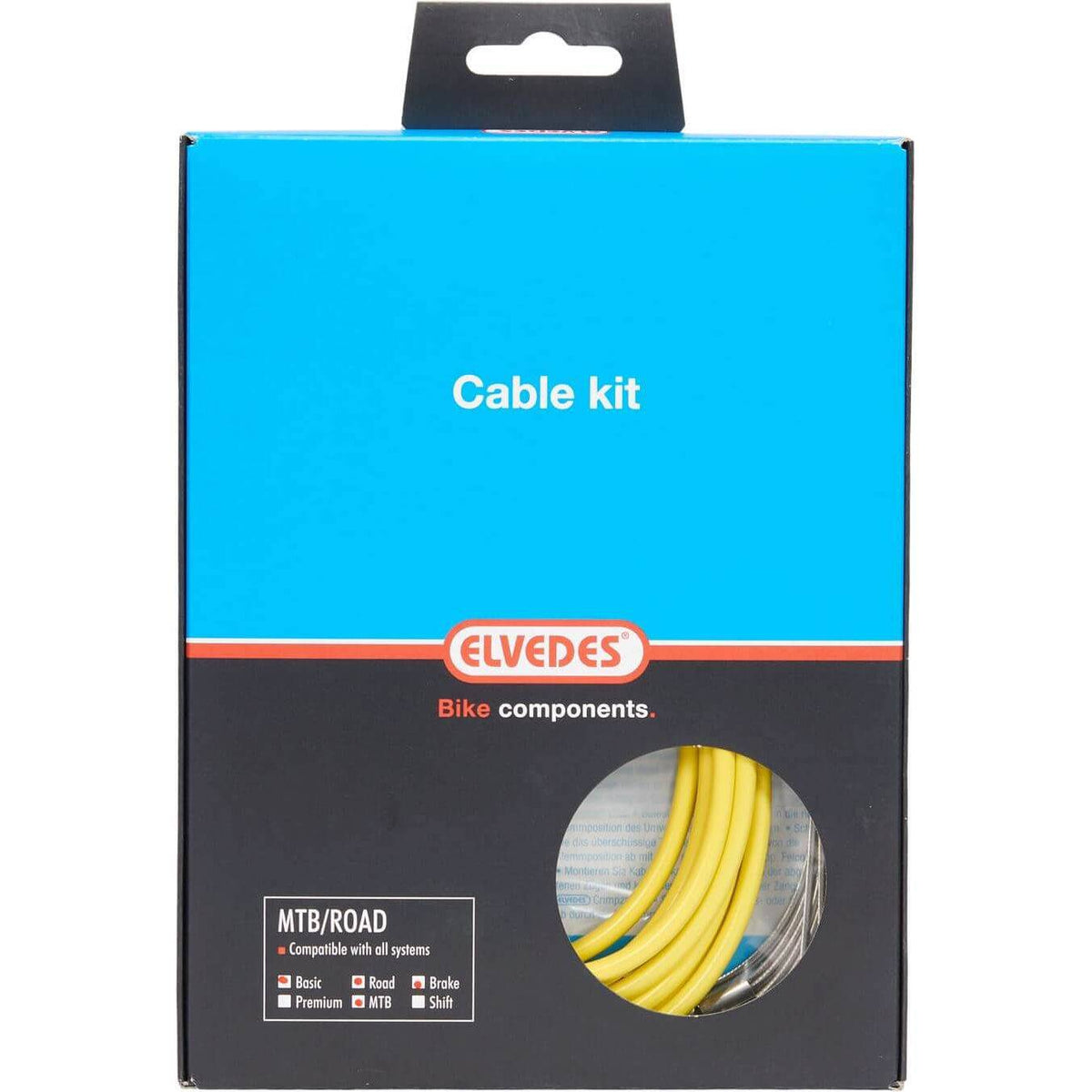 Elvedes remkabel kit voor ATB en racefietsen, inclusief remkabels en montageonderdelen, geschikt voor fietsreparaties.