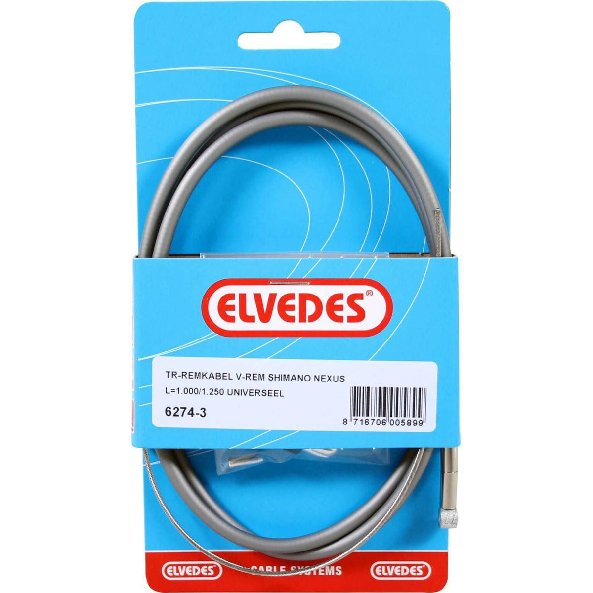 Elvedes remkabel voor Nexus, zilverkleurige remkabel van Elvedes, geschikt voor fietsremmen, zichtbaar in de afbeelding.