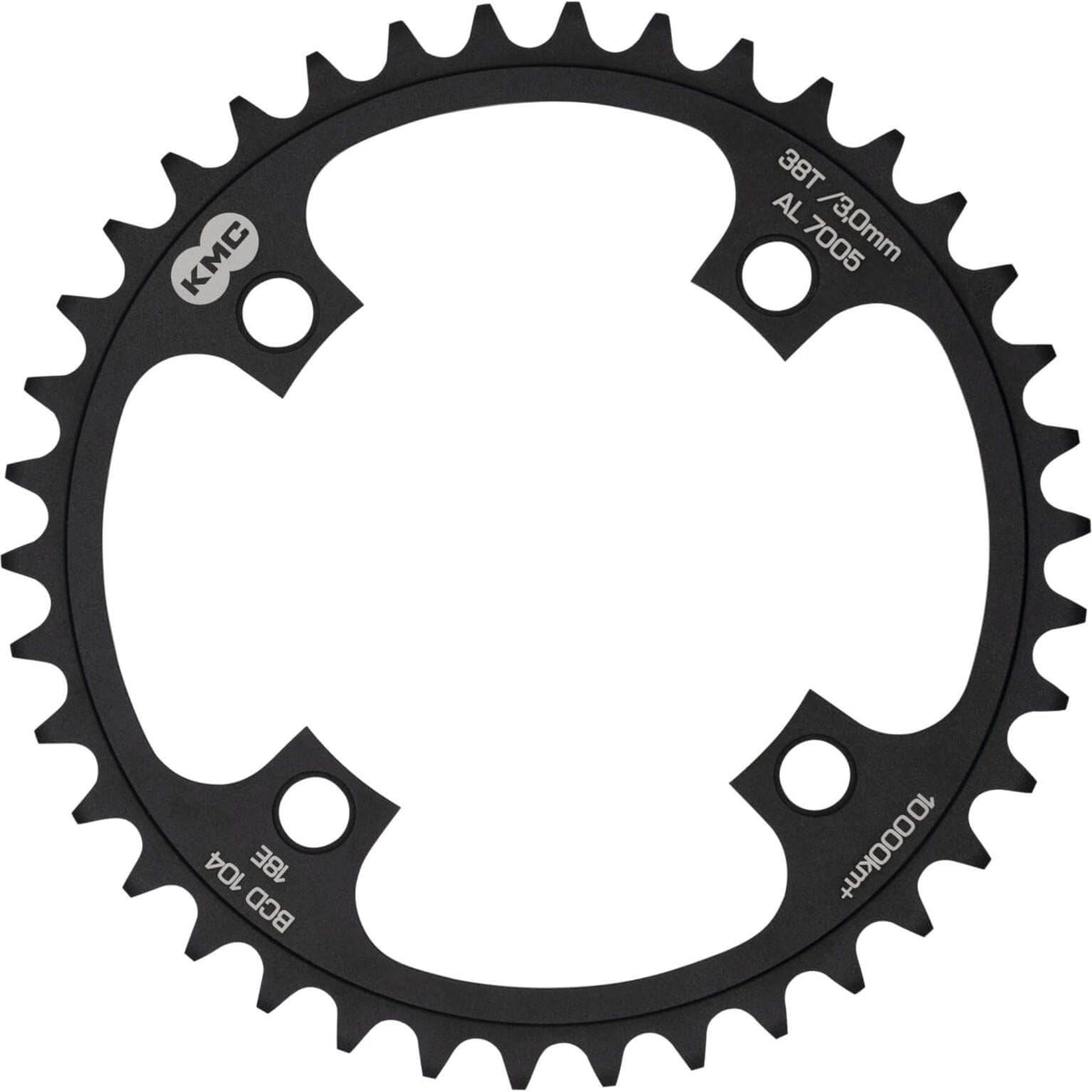 Zwart KMC kettingblad 38T voor single speed met 104 mm BCD en 1/2" x 1/8" aansluiting, gemaakt van aluminium AL 7075 T6