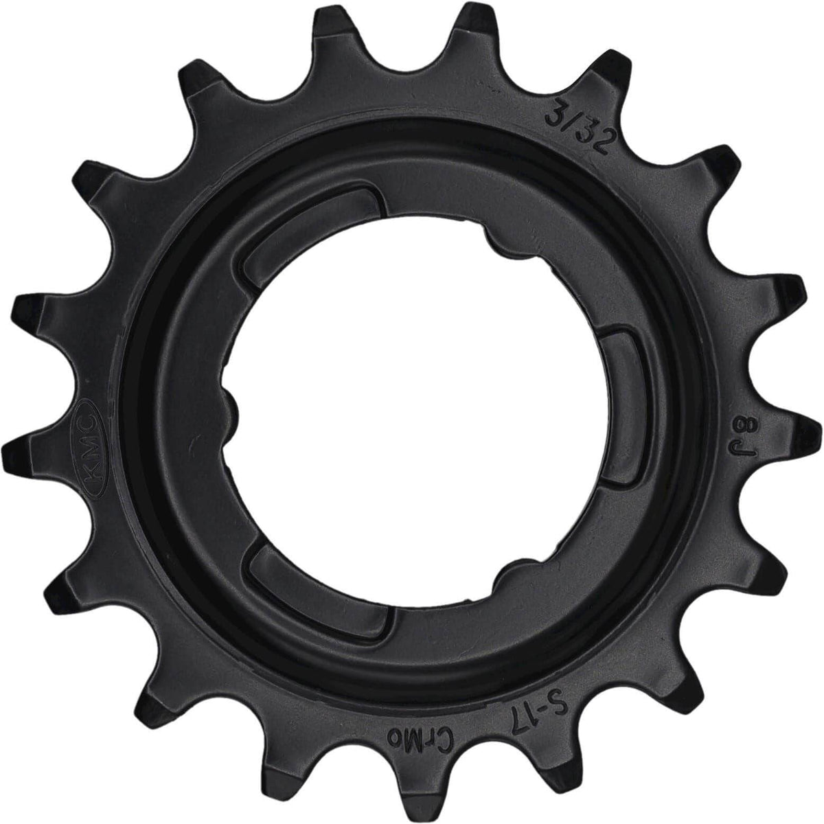 Zwart KMC tandwiel voor Shimano 3/32 inch ketting, gemaakt van Crmo-staal, geschikt voor fietsen en mountainbikes.