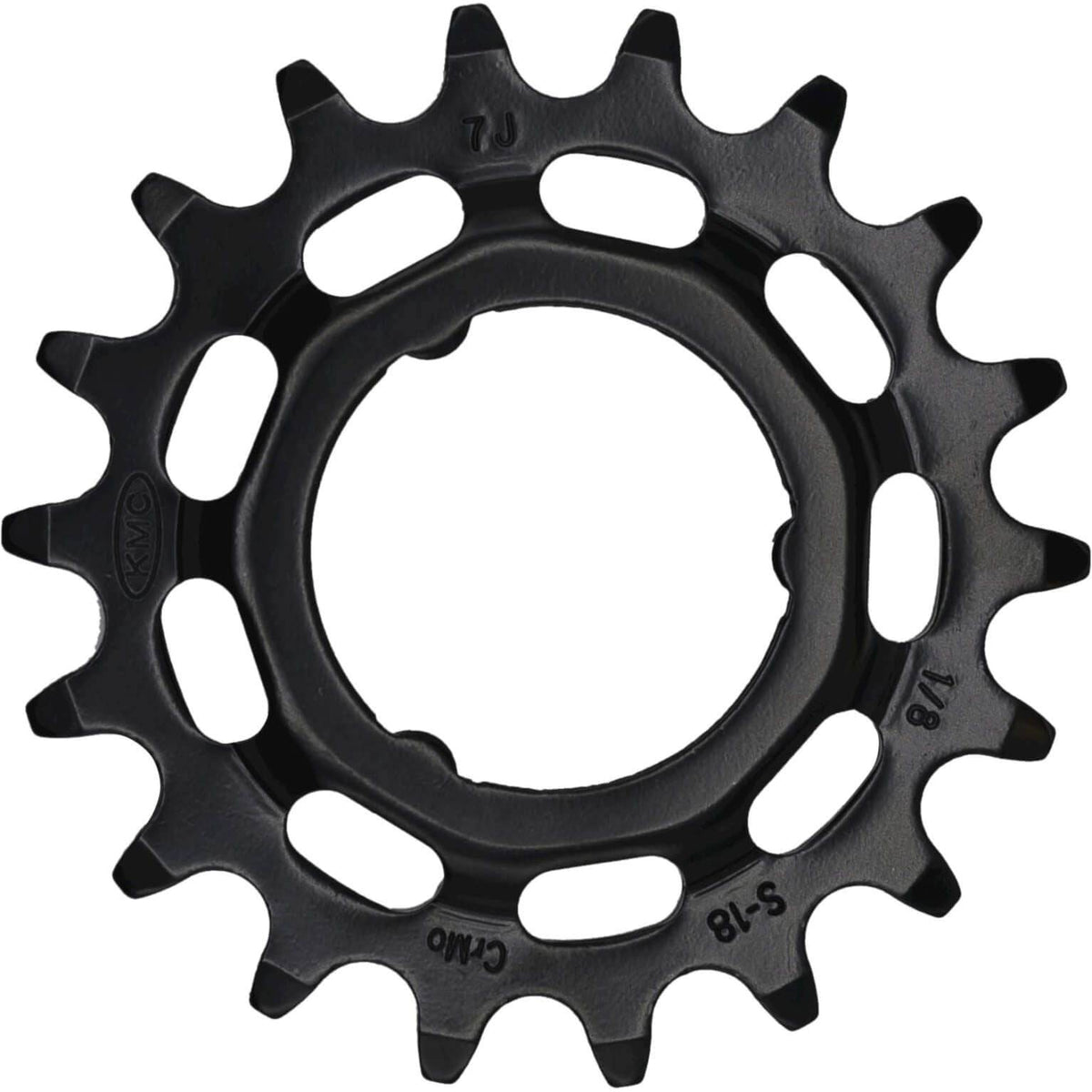 Zwart KMC Shimano 1/8" Chromoly tandwiel met stevige tanden, geschikt voor racefietsen en mountainbikes.