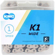Zwarte KMC K1 Wide ketting voor single speed fietsen, 1/2" x 1/8", 110 schakels, half nikkel-geplateerd, geschikt voor bikes