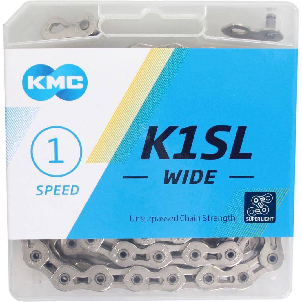 Zilveren KMC K1SL 1/8 ketting met 100 schakels voor single speed fietsen, zichtbaar in afbeelding.