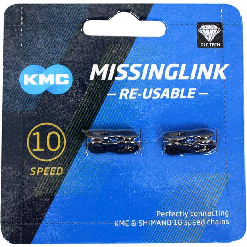 Zwarte KMC Missinglink DLC10 kettingschakel voor 10-speed fietsen, compatibel met kettingverbinder en pennen