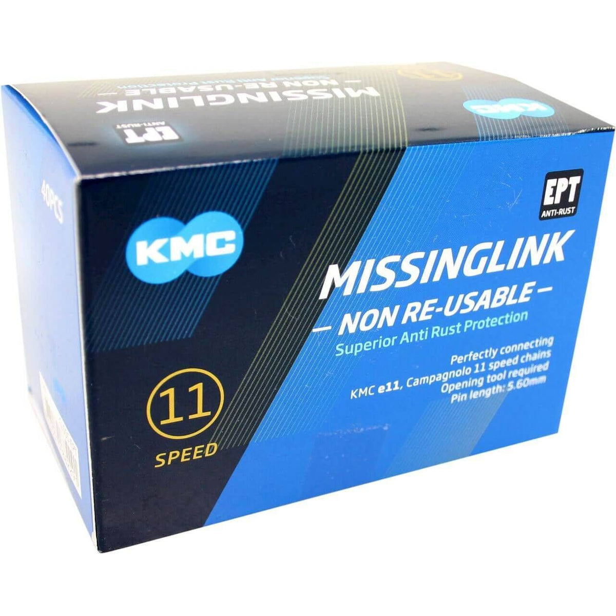 Zilveren Kmc kettingslot Missinglink 11 snelheid, 5,65 mm, geschikt voor EPT 11-speed fietsketting, ligt open op een witte achtergrond.