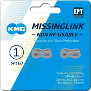 Twee zilveren KMC Missinglink E1/E8 kettingschakels voor 3/32-inch kettingen, geschikt voor EPT 2 stuks, zichtbaar in de afbeelding.