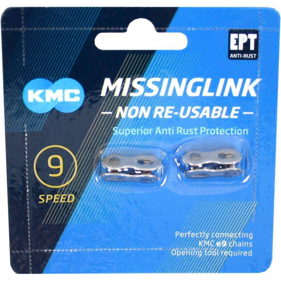 Twee KMC EPT 9-speed kettingschakels in zilver met verbindingspennen voor fiets kettingreparatie