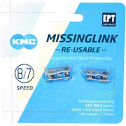 Twee zilveren KMC Missinglink 7/8R EPT kettingschakels van 7,1 mm voor fietsketting, zichtbaar in detail.