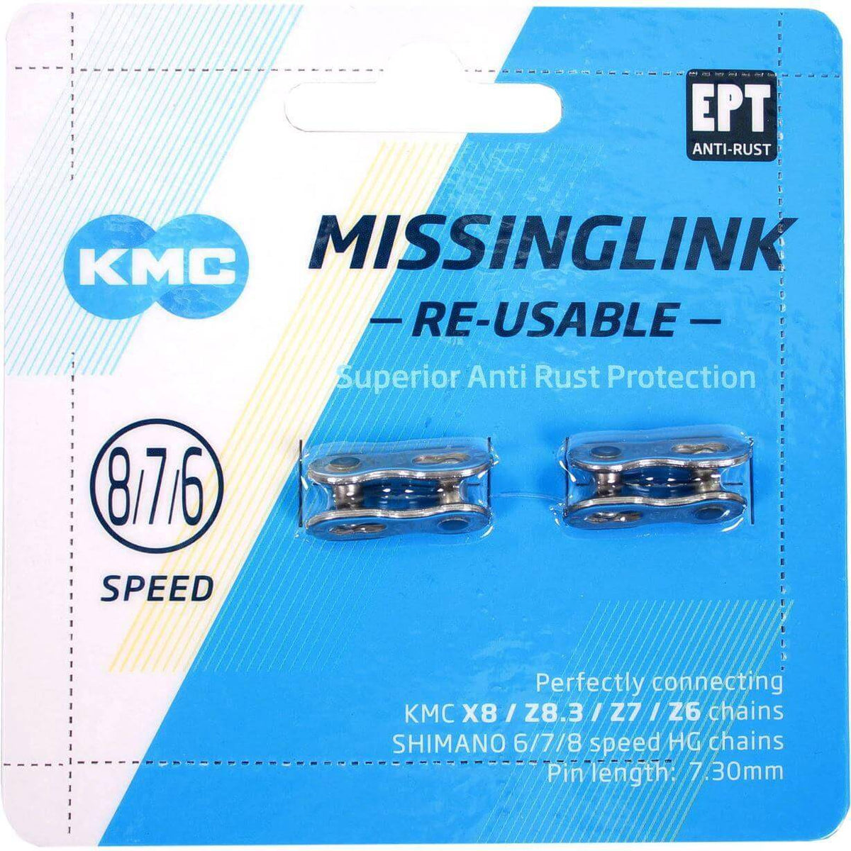 Twee KMC Missinglink 7/8R EPT kettingschakels van 7,3 mm voor fietskettingen, zichtbaar met details op de afbeelding