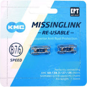 Twee KMC Missinglink 7/8R EPT kettingschakels van 7,3 mm voor fietskettingen, zichtbaar met details op de afbeelding