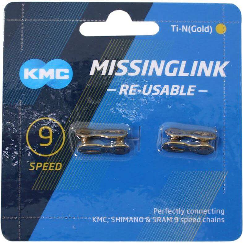 KMC Missinglink 9-speed kettingverbinder in goud, 2 stuks, voor snel en eenvoudig ketting aansluiten of losmaken.
