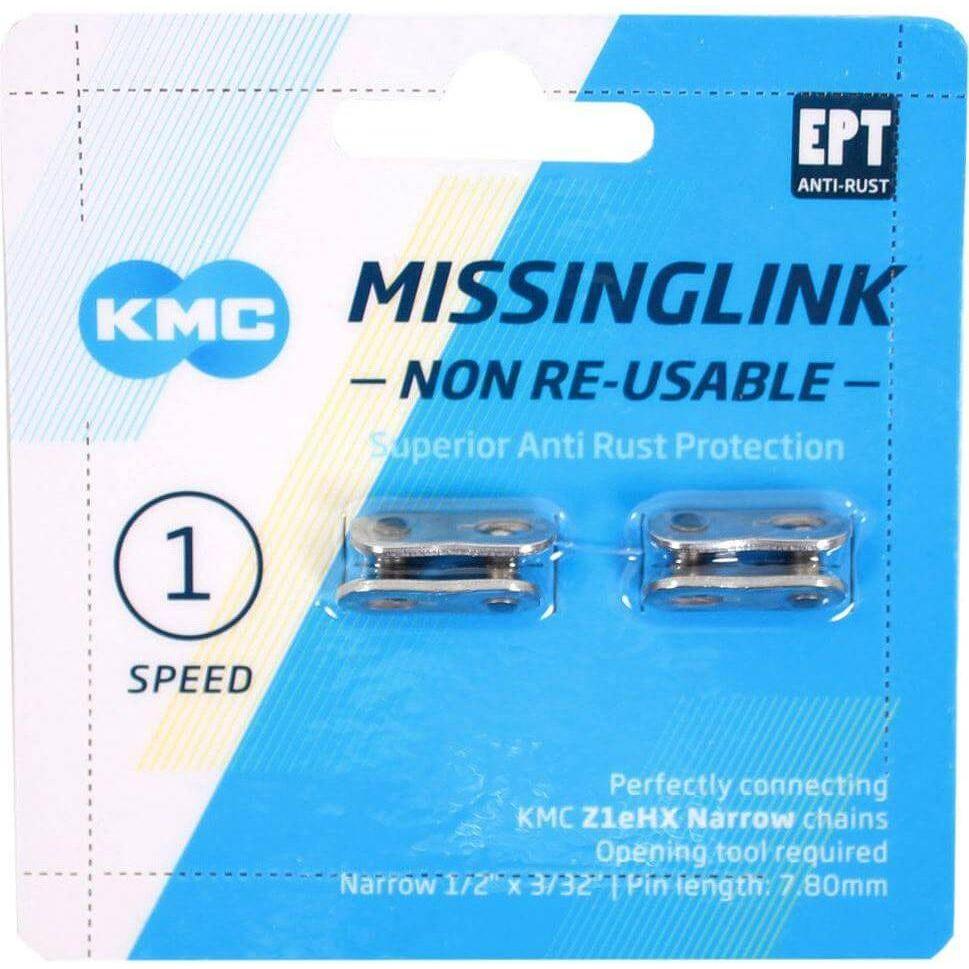 Twee KMC Z1EHX 3/32 kettingschakels met missinglink voor fietsen, gemaakt door KMC, op een witte achtergrond.