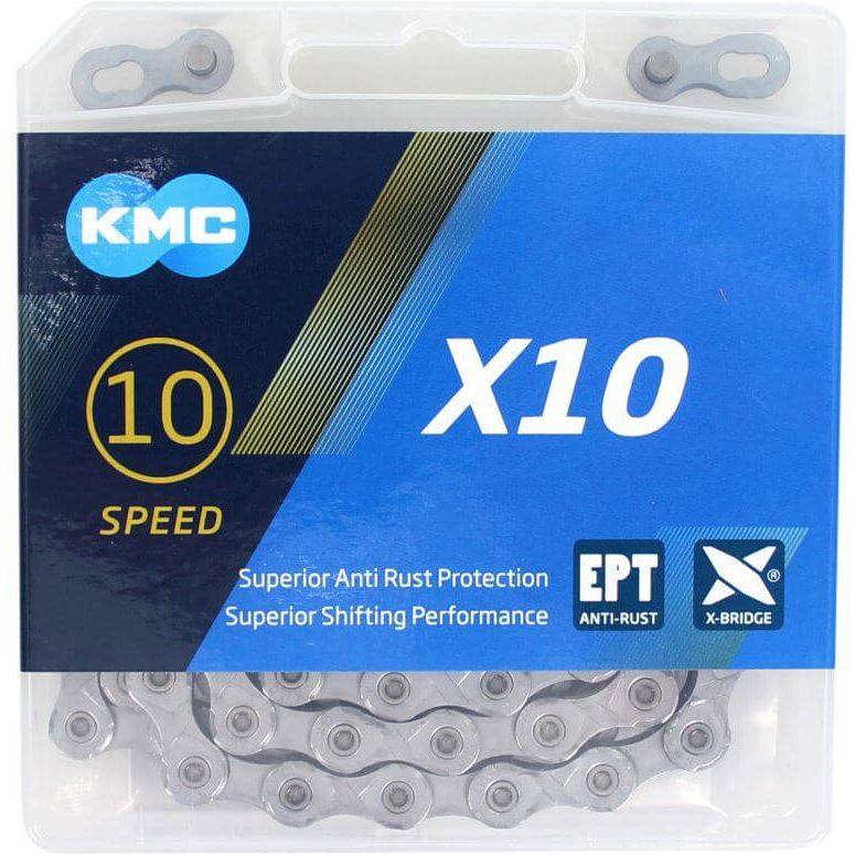 KMC X10 EPT 114 10-speed ketting in donker zilver, geschikt voor fietssysteem, zichtbaar op de afbeelding
