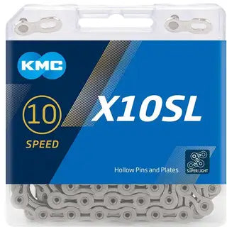 Zilveren KMC X10SL 10-speed ketting met 114 schakels voor lichte fiets, geschikt voor 11/128 snelheden, zichtbaar op de afbeelding.