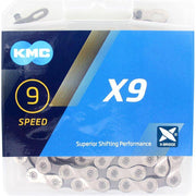 Zilveren KMC X9 9-speed ketting met 114 schakels voor fiets, geschikt voor snelle en betrouwbare schakeling