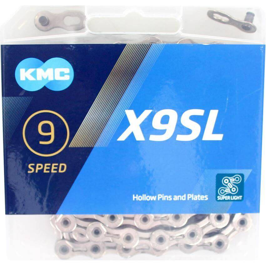 Zilveren KMC X9SL 9-speed ketting met 114 schakels, superlicht ontwerp voor fietstransmissie.