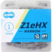 Donkere zilveren KMC Z1EHX ketting voor single speed fietsen, 112 schakels, 1/2" x 3/32" breedte, hoge kwaliteit fietsketting