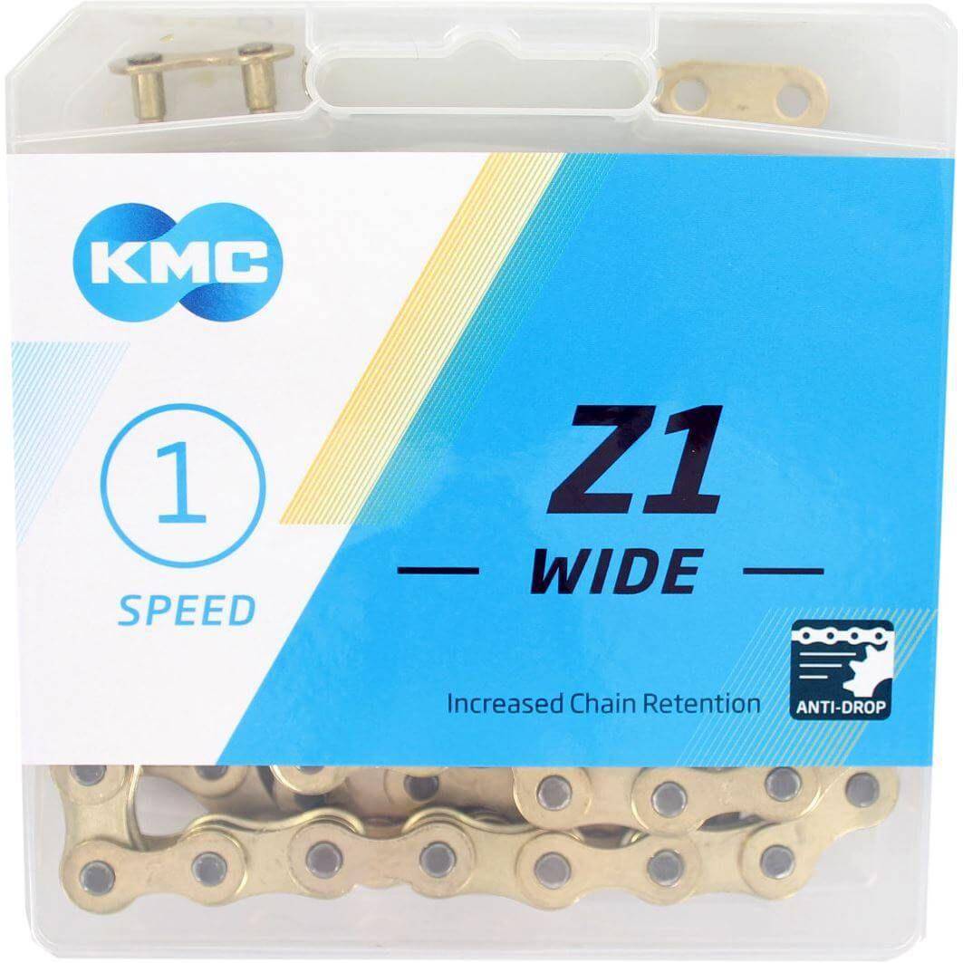 Zeer duurzame KMC Z1 Wide 1/2" x 1/8" ketting voor single-speed fietsen, 112 schakels, zwart metalen afwerking