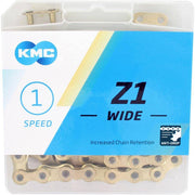 Zeer duurzame KMC Z1 Wide 1/2" x 1/8" ketting voor single-speed fietsen, 112 schakels, zwart metalen afwerking