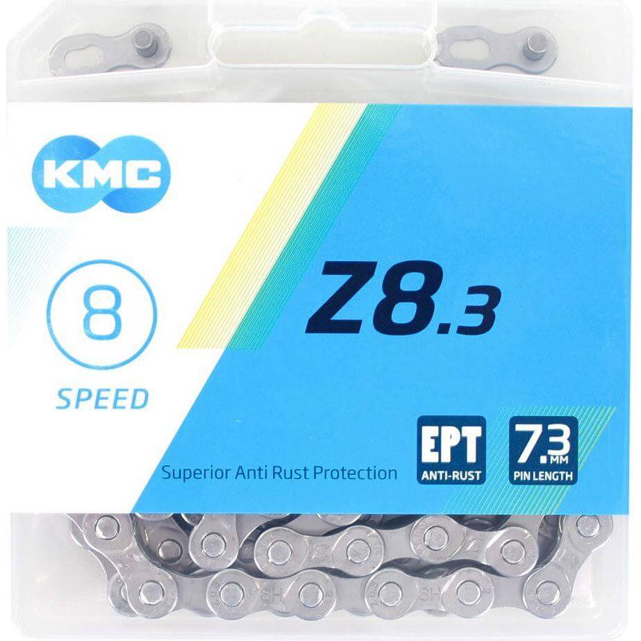 Zilveren KMC 8-speed ketting Z8.3 EPT met 114 schakels, geschikt voor fiets, zichtbaar in de afbeelding