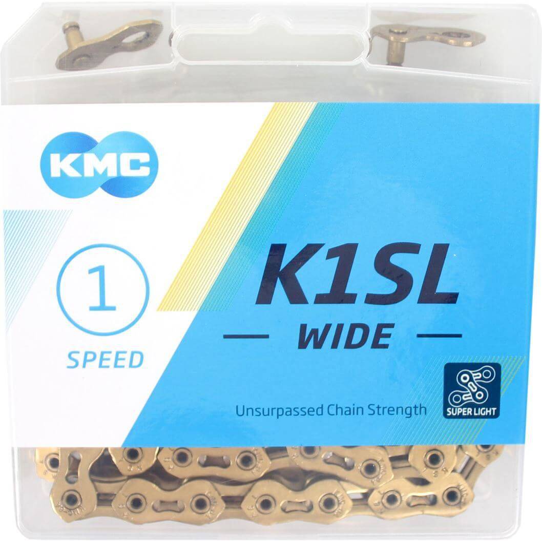 KMC K1SL 1/8 ketting TI-N Gold, 100 schakels, geschikt voor single speed fietsen, zichtbaar in de afbeelding