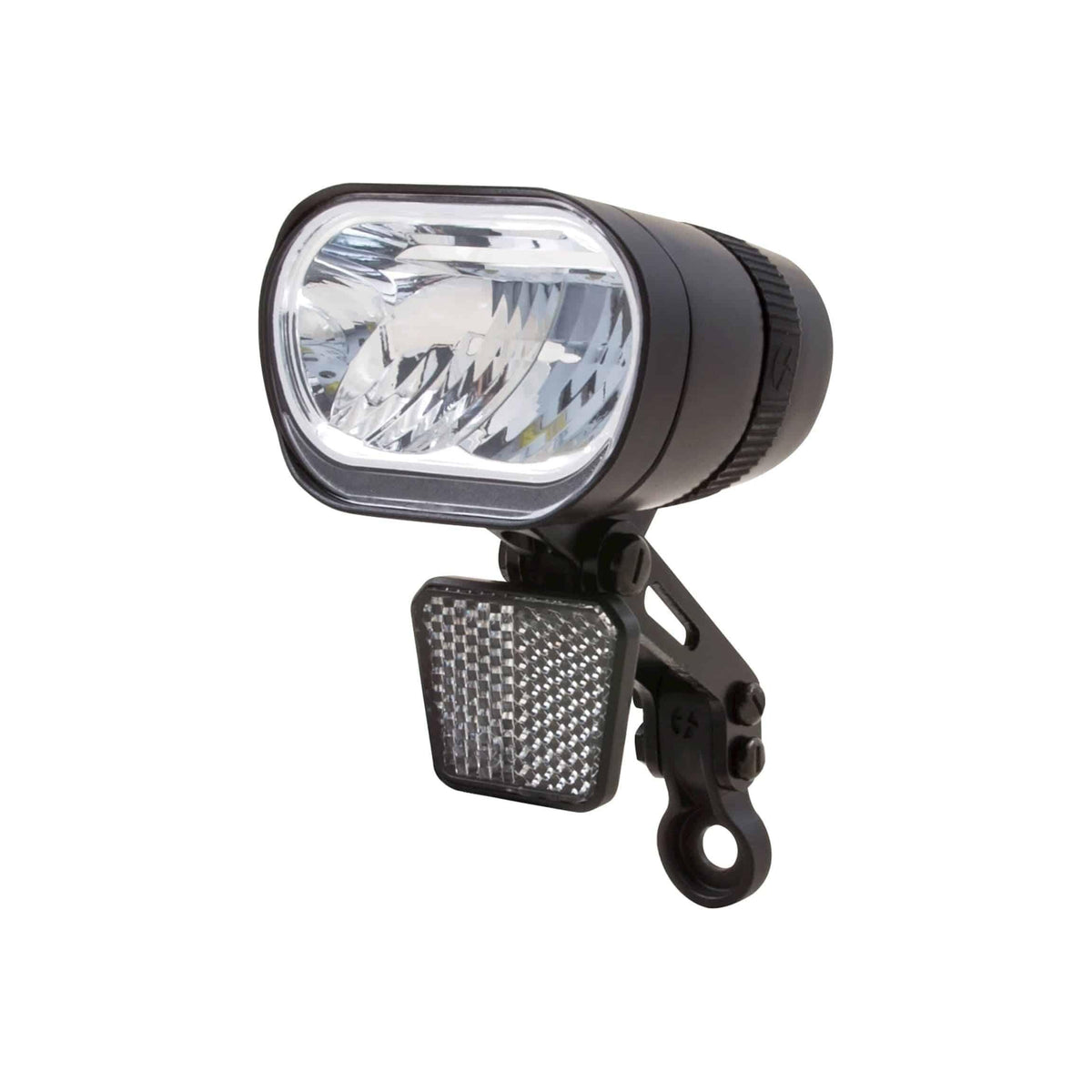 Spanninga Axendo 80 koplamp voor e-bike, helder licht, zwart ontwerp, geschikt voor 6-36V elektrische fietsen.