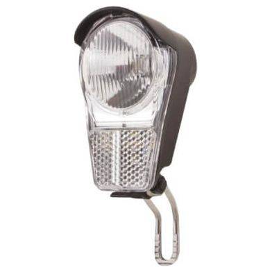 Spanninga Galeo Xb fietskoplamp met batterij, 4 lux, zichtbaar in een close-up op de fiets bevestigd.