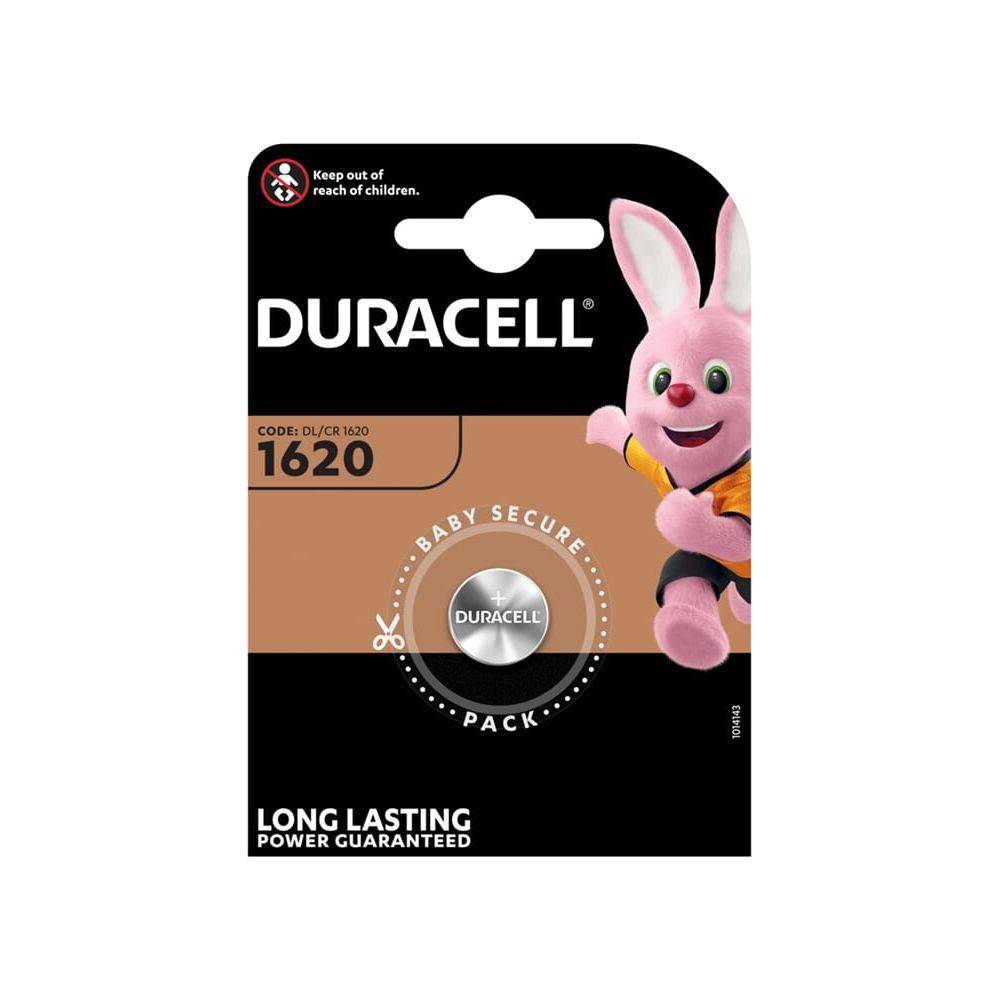 Duracell CR1620 3V knoopcelbatterij, origineel, geschikt voor kleine elektronische apparaten, zichtbaar in de afbeelding.