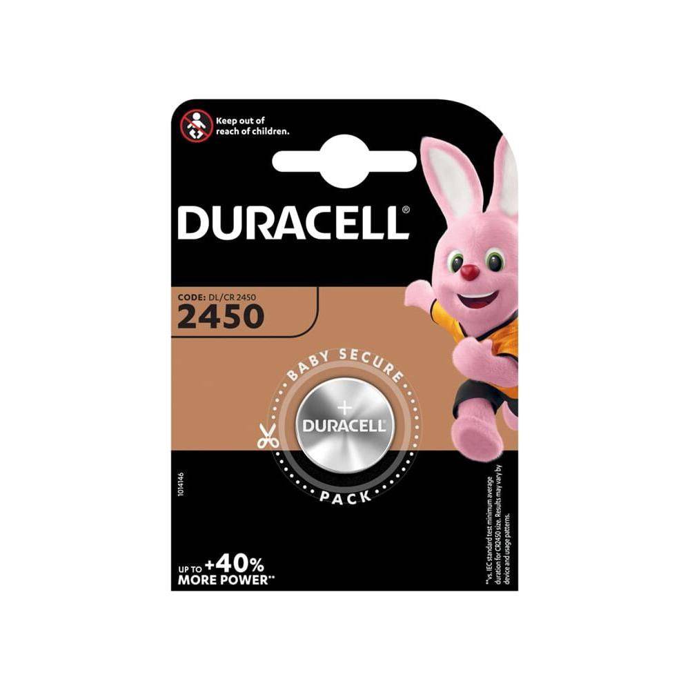 Duracell CR2450 3V knoopcelbatterij, originele Duracell batterij voor elektronische apparaten, zwart en zilverkleurig.