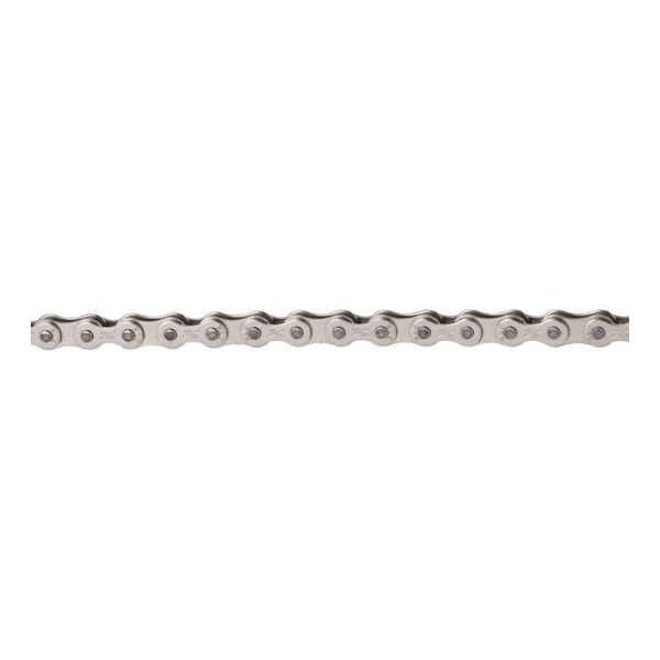 Zilveren XLC ketting CC-C10 12V 11/128" voor 12-speed fiets, met 126 schakels en gedetailleerd ontwerp.