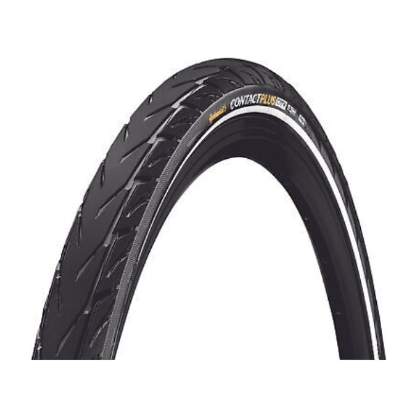 Zwarte Continental 26-inch Contact Plus City SafetyPlus Breaker E-bike buitenband met antileklaagreep en veiligheidskenmerken.
