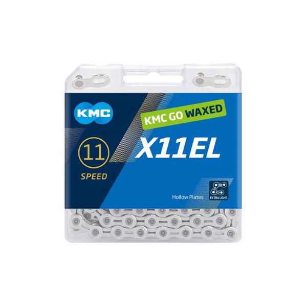 Zilveren KMC X11EL 11-speed ketting met 118 schakels, gewaxed en extra licht voor fietsen.