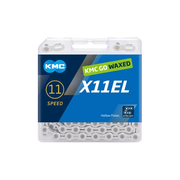 Zilveren KMC X11EL 11-speed ketting met 118 schakels, gewaxed en extra licht voor fietsen.