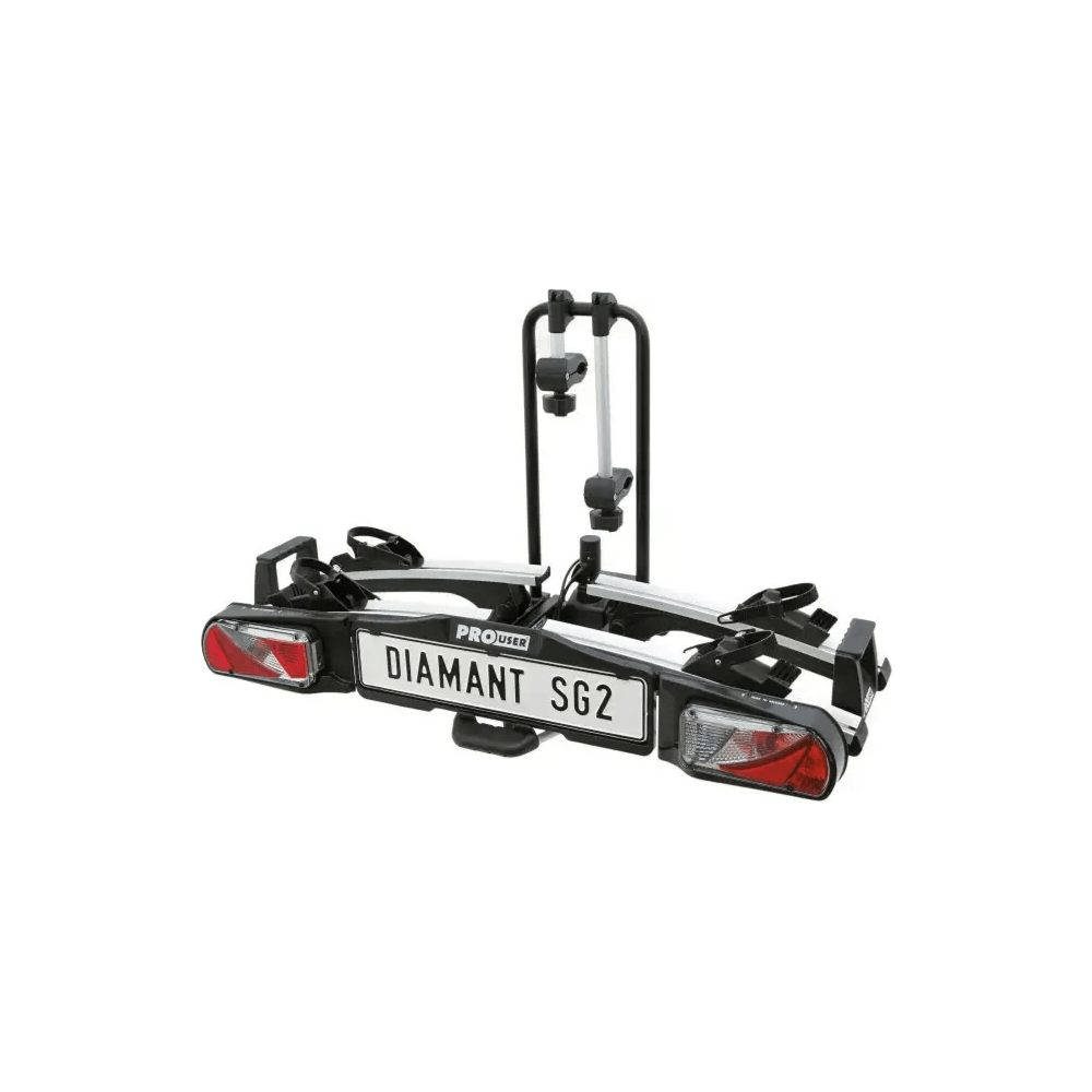 Pro-User Diamant SG2 fietsendrager voor trekhaak, bevestigd aan auto, zwart metalen frame met steun voor fietsen.