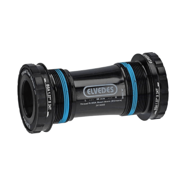 Elvedes Bsa Road 24 mm Shimano trapas voor racefietsen, zichtbaar met bevestigingsonderdelen en schroeven.