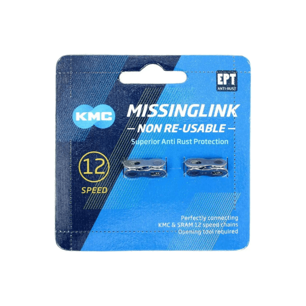 Twee KMC Missing Link X12 EPT zilveren kettingschakels voor snelle kettingverbindingen op fietsen