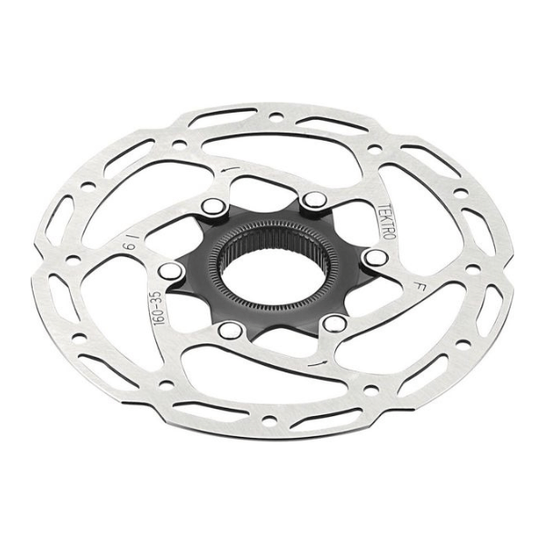 Zilveren Tektro TR180-35 remschijf van staal met Ø180 mm diameter en Centerlock montage voor fietsen.