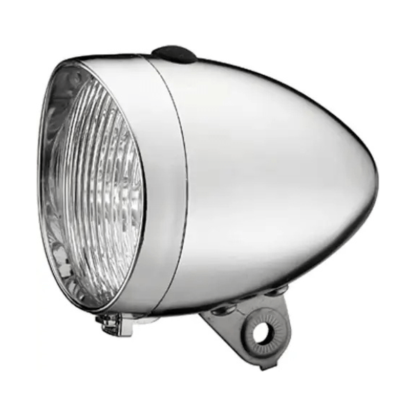 Union koplamp Un-4900 Retro Plus met batterij, zwart ontwerp en vintage uitstraling, geschikt voor fietsverlichting.